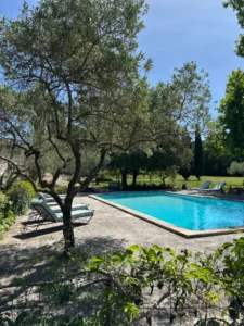 Vue sur piscine et dallage pierre après rénovation, propriété aux Baux de Provence (13520)