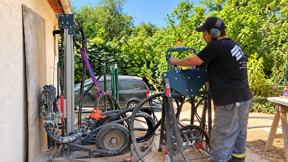 Technicien RSTS manoeuvrant la mini foreuse pour la pose de micropieux forés injectés contre une façade, chantier sécheresse Mons Var